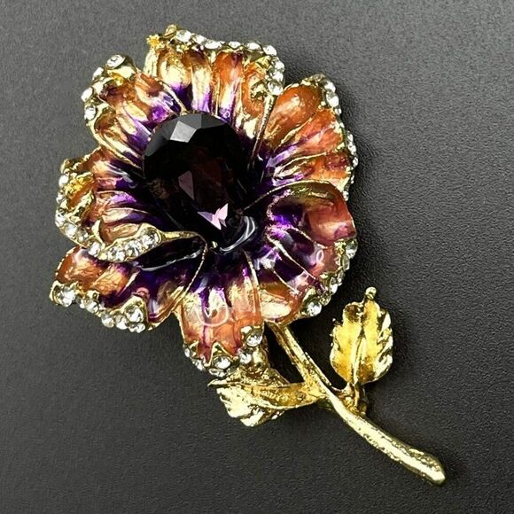 Yellow Gold with Amethyst and Diamond Crystal Enamel Flower Pin Back Brooch - Picture 1 of 8